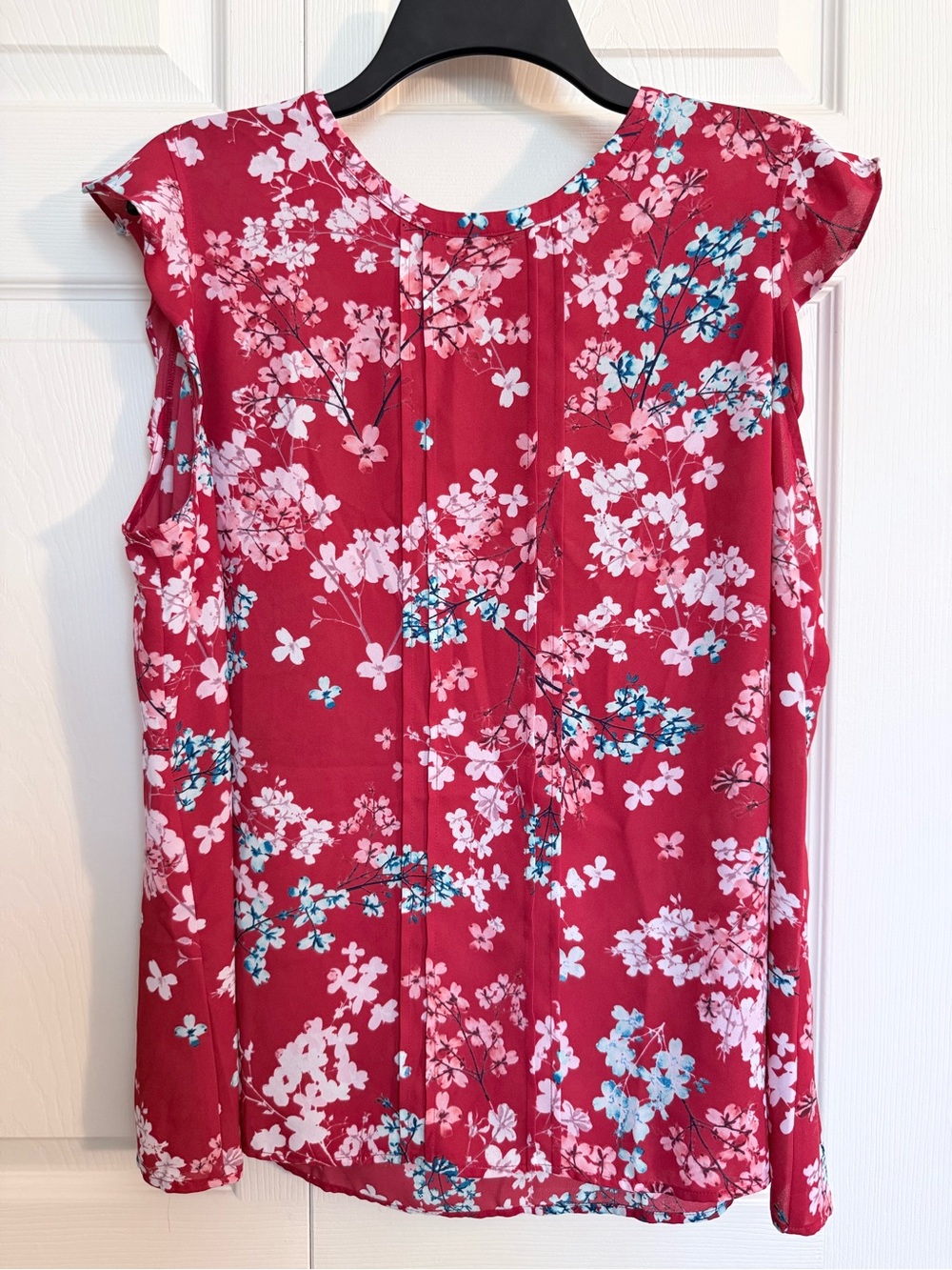 Elle Floral Cap-Sleeve Blouse - Red with Pink & Blue Accents